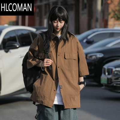 HLCOMAN日系复古咖色工装短袖衬衫男女户外港风chic潮牌宽松休闲衬衣外套
