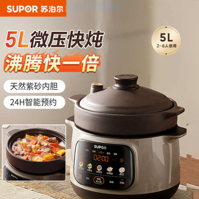 苏泊尔(SUPOR)电炖锅 电砂锅 煲汤锅4L家用多功能炖汤锅紫砂锅微压快炖煲汤专用锅可预约4-5人 DG40YC875