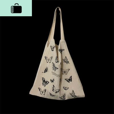 韩 暗黑风Black蝴蝶慵懒百搭薄软棉麻单肩包帆布包袋女NEW LAKE 黑色蝴蝶(米色)女士单肩包