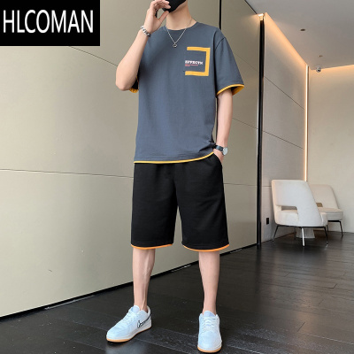 HLCOMAN短袖短裤套装男t恤夏季薄款潮牌ins时尚运动休闲冰丝一套搭配帅气