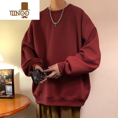 YANXU500g暗红色卫衣男夏款日系慵懒复古长袖t恤高街圆领无帽外套