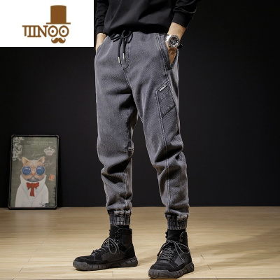 YANXU劳保工作牛仔裤男士大码宽松束脚抽绳工地工装干活耐磨耐脏哈伦裤