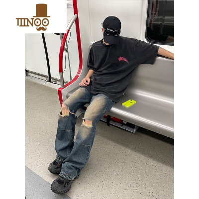 YANXUMaxDstr 黄泥做旧破洞牛仔裤男高街嘻哈宽松垂感高质量直筒裤长裤