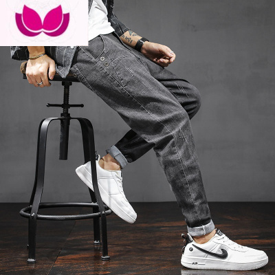 七斓男装牛仔裤男士潮牌修身小脚夏季哈伦宽松2023新款九分长裤子