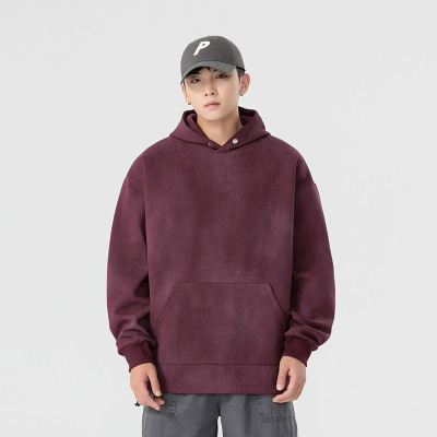 |港风简约早秋宽松复古卫衣纯色连帽上衣新款休闲男情侣款