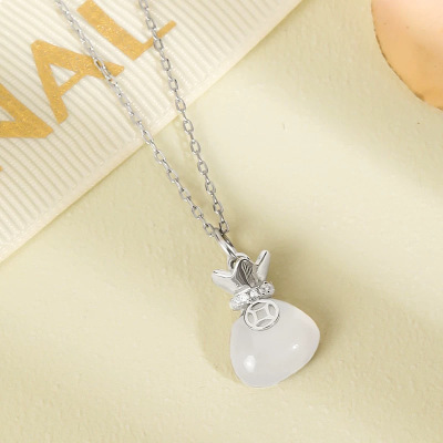S999足银白玉髓福袋项链国风小众转运锁骨链新款吊坠项饰礼物送女朋友老婆情人节七夕生日礼物