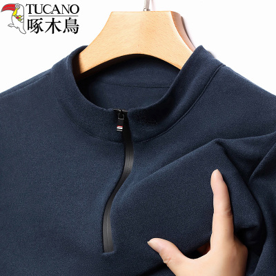 啄木鸟秋季新款中年男士爸爸装双面德绒打底衫拉链半高领长袖T恤