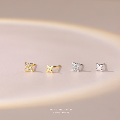 s925纯银不对称镶钻四叶草女耳钉ins 小清新简约花朵耳饰一件代发送女朋友老婆情人节七夕生日礼物