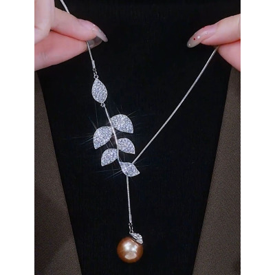 气质设计感满钻树叶时尚百搭款毛衣链女装饰项链珍珠吊坠挂件颈链送女朋友老婆情人节七夕生日礼物