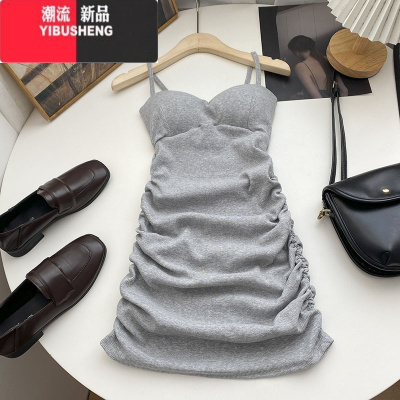YIBUSHENG两侧皱褶带胸垫无袖连衣裙女2023年春装韩版百搭修身A字背心裙子