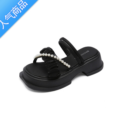 SUNTEK厚底配裙子凉拖鞋仙女风凉鞋女夏季2023年新款百搭珍珠晚晚风鞋子