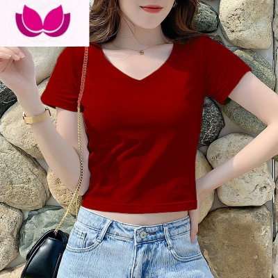 七斓港风复古设计感短袖t恤女短款紧身辣妹显瘦打底衫露脐内搭体恤ins