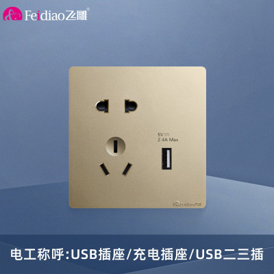 飞雕(FEIDIAO)开关插座面板 86型暗装五孔带1USB 家用商用插座面板 A7流光金USB五孔