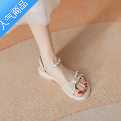 SUNTEK2023今年夏新款百搭学生软底仙女风珍珠一字带配裙子的凉鞋女平底