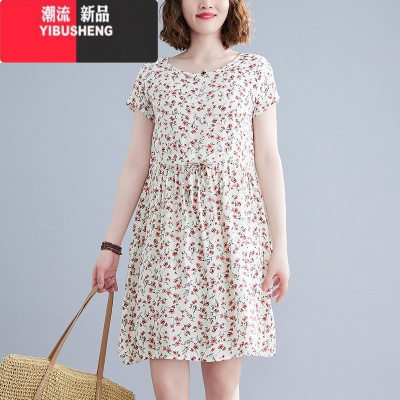 YIBUSHENG棉绸连衣裙外穿时尚碎花裙子妈妈薄款休闲宽松中年人造棉睡裙女