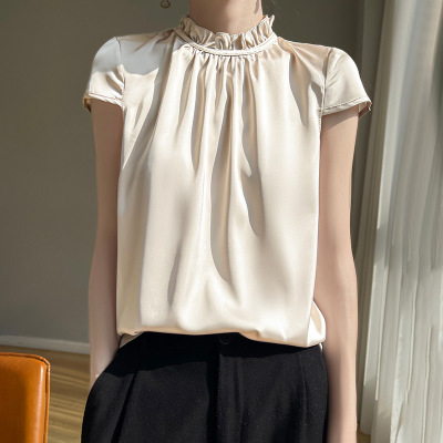 法式轻熟别致漂亮小衫夏季洋气小香风香槟金缎面衬衫上衣