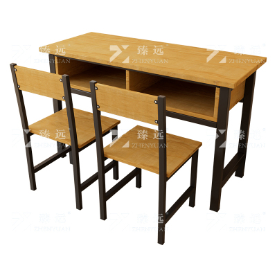 臻远ZY4082147 学生课桌椅双层带抽屉培训班学习桌学校辅导班教室双人桌 胡桃色含椅子+黑架1200*500*800