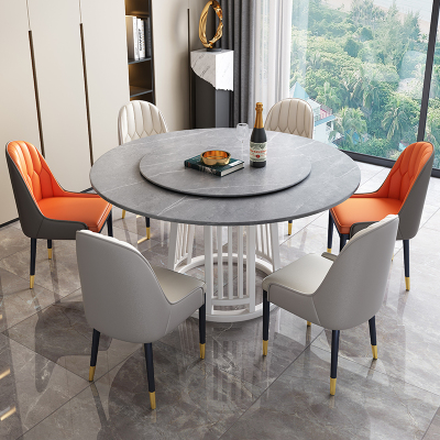 欧梵森 北欧轻奢岩板餐桌意式实木餐桌椅组合家用小户型饭桌现代简约大理石圆桌转盘