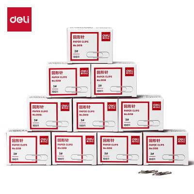 得力(deli)3#金属回形针镀镍防锈曲别针 100枚/盒 10盒装 办公室具用品 P00018