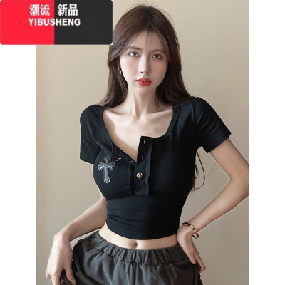 YIBUSHENG美式复古潮牌设计感短袖T恤女季修身纯欲辣妹方领短款露脐上衣