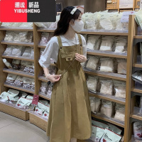 YIBUSHENG2023新款春季少女大童学院风套装背带裙松紧腰初高中学生连衣裙