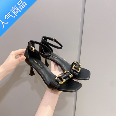 SUNTEK黑色一字带凉鞋女细跟2023年新款夏白色百搭法式小众仙女风高跟鞋