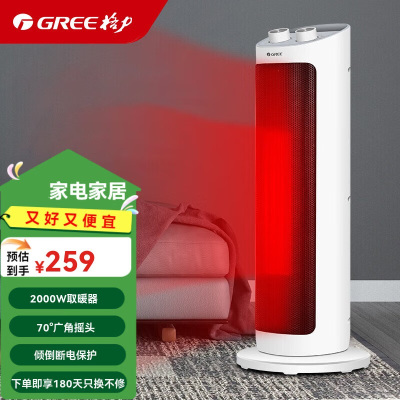 格力取暖器家用立式暖风机速热定时负离子净化倾倒断电保护70度广角摇头贯流叶轮 NTFH-20z机械式