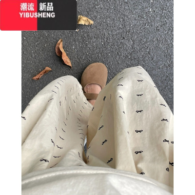YIBUSHENG国潮牌蝴蝶结杏色休闲裤女季宽松阔腿原宿风休闲百搭直筒长裤潮