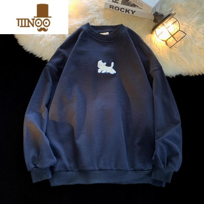 YANXU韩版潮牌植绒卫衣男秋季宽松简约圆领套头衫港风中性情侣无帽外套