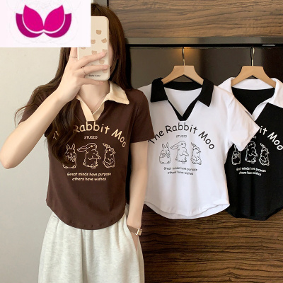七斓大码正肩短袖t恤女夏季2023胖mm新款polo领兔子印花短款显瘦上衣
