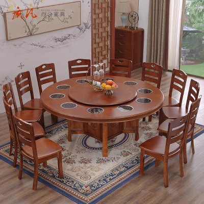 质凡实木圆形餐桌椅组合可折叠电动餐桌椅组合 1桌14椅(实木贴皮款)