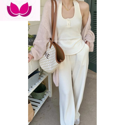 七斓Lina新款设计感挂脖背心上衣+松紧高腰阔腿休闲裤套套装女春