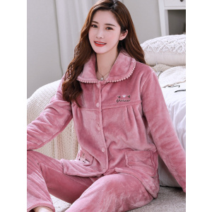 恒源祥官方正品春秋款珊瑚绒睡衣女秋冬加厚法兰绒加绒套装家居服