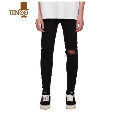 YANXU高街潮牌水洗黑色膝盖刀割破洞弹力牛仔裤男韩版百搭修身小脚裤子