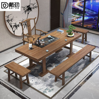 戴劲茶桌大板茶桌办公室喝茶接待新中式桌椅 1.8单桌+官帽+2方凳+长凳