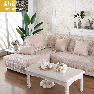 法式防滑棉沙发垫四季通用布料面料夹棉防滑木耳边带硅胶双面 三维工匠 简爱-米黄 60*70+15cm花边