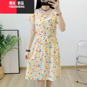 YIBUSHENG2024季新款棉绸连衣裙外穿女士中长收腰显瘦短袖碎花人造棉裙子