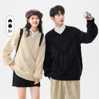 情侣款男装美式潮牌宽松V领流苏毛衣女慵懒风秋冬新款男式针织衫