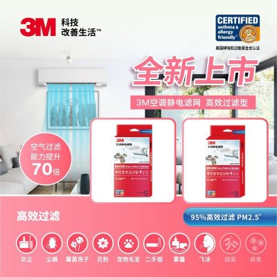 3M 空调过滤网防尘网升级版去除PM2.5吸附灰尘空调配件安装方便高效型6片装(22*34cm)*2包