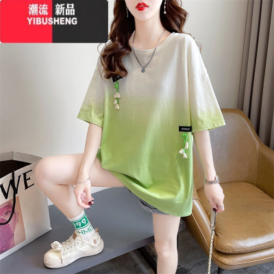 YIBUSHENG大码女装渐变色短袖t恤女装2024新款宽松设计感小众扎染上衣服