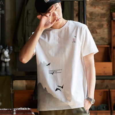 [2.5折价49元]唐狮夏款短袖T恤男士短袖T恤男左胸下摆数码印圆领短袖T恤