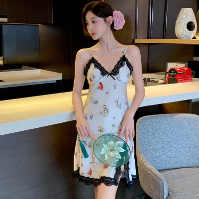 吊带睡衣女夏冰丝纯欲性感睡裙女款带胸垫吊带裙薄款袖家居裙子