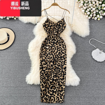 YIBUSHENG性感豹纹吊带裙时尚女人味修身显瘦低胸V领无袖露背包臀连衣裙