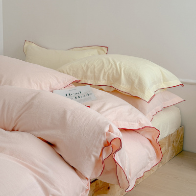 色织水洗棉四件套 跳色拷边工艺款日式透气纯棉被套床单床笠