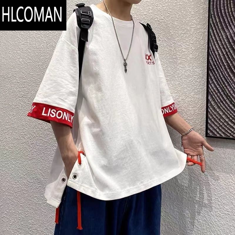 HLCOMAN国潮T恤男设计感小众字母刺绣短袖无性别侧边开叉绑带七分袖上衣