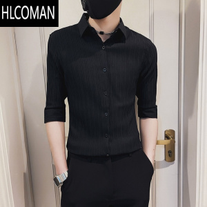 HLCOMAN夏季薄款半袖七分袖衬衫男士短袖上衣发型师商务修身冰丝条纹衬衣