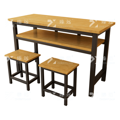 臻远ZY4082142 学生课桌椅双层带抽屉培训班学习桌学校辅导班教室双人桌 胡桃色含凳子+黑架1200*600*800