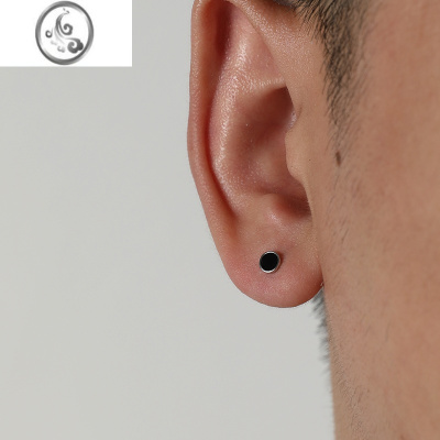 JiMiS925银银简约黑色圆形耳钉男女情侣个性韩版防过敏耳饰耳棒小巧