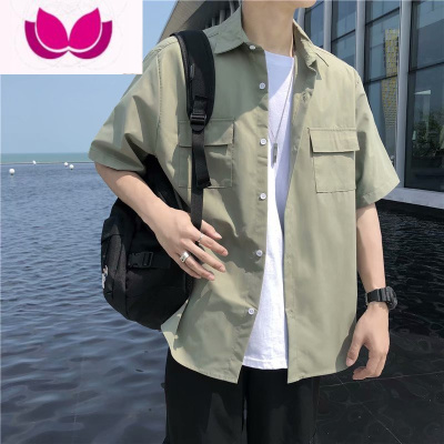 七斓咖啡色复古工装衬衫男短袖韩版纯色口袋衬衣潮流夏季五分半袖日系