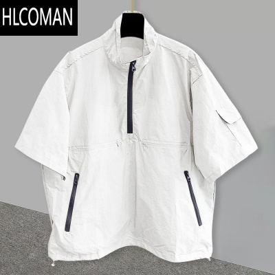 HLCOMAN加肥特大码300斤立领工装T恤短袖男夏季宽松休闲设计感半拉链上衣